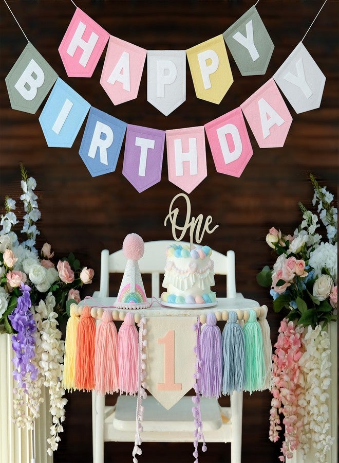 DCJHFJ Pastel Macaron Rainbow High Chair Banner Felt Happy Birthday Banner Pre-Strung Birthday Party Decorations For 1st Girl Birthday Backdrop - Image 1