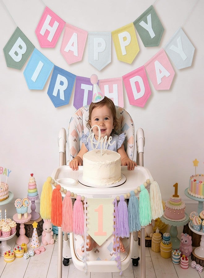 DCJHFJ Pastel Macaron Rainbow High Chair Banner Felt Happy Birthday Banner Pre-Strung Birthday Party Decorations For 1st Girl Birthday Backdrop - Image 5