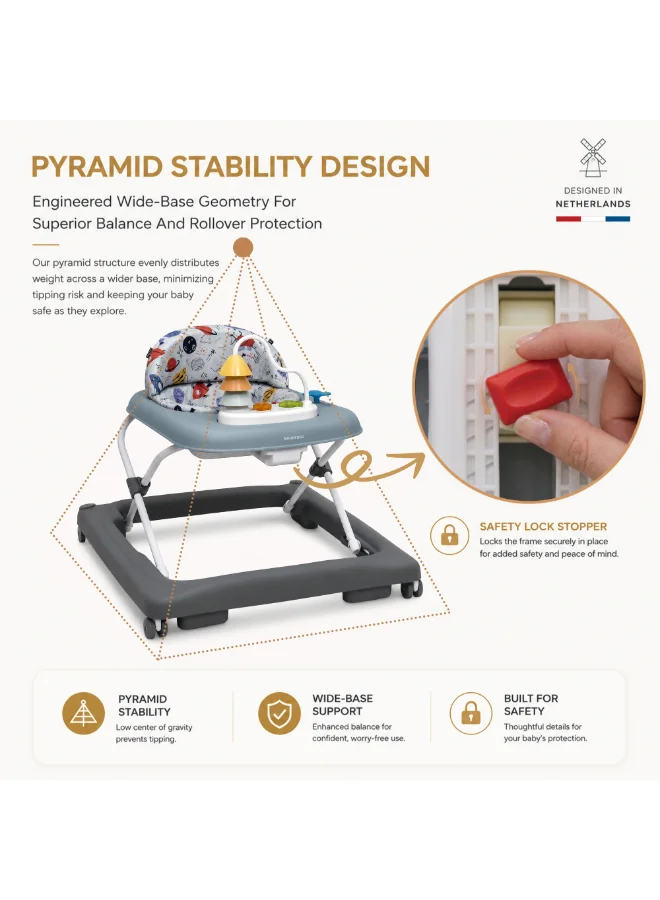 نيوبريز Neobreez TREDO Baby Walker, Music & Lights, Anti-Fall Protection, 6 Months+, Grey