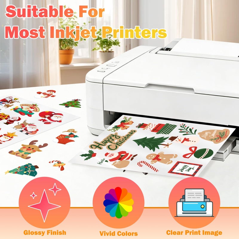 Veicevol 30 Sheets Premium Printable Vinyl Sticker, Vinyl Glossy White Waterproof Sticker, Suitable for Inkjet Printers, Dries Quickly, Vivid Colors, Tear Resistant, 8.5x11" Great for Cutting Machines - Image 4