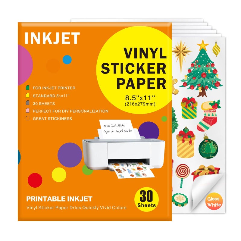 Veicevol 30 Sheets Premium Printable Vinyl Sticker, Vinyl Glossy White Waterproof Sticker, Suitable for Inkjet Printers, Dries Quickly, Vivid Colors, Tear Resistant, 8.5x11" Great for Cutting Machines - Image 1