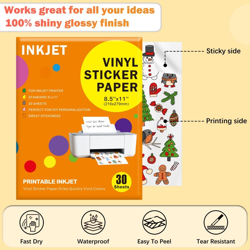 Veicevol 30 Sheets Premium Printable Vinyl Sticker, Vinyl Glossy White Waterproof Sticker, Suitable for Inkjet Printers, Dries Quickly, Vivid Colors, Tear Resistant, 8.5x11" Great for Cutting Machines - Image 5