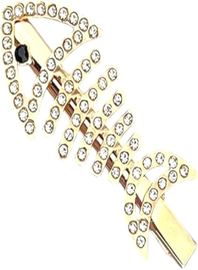 Crystal hair clip, rose gold, decorated with rhinestones (دبوس الشعر على شكل هيكل سمكة)