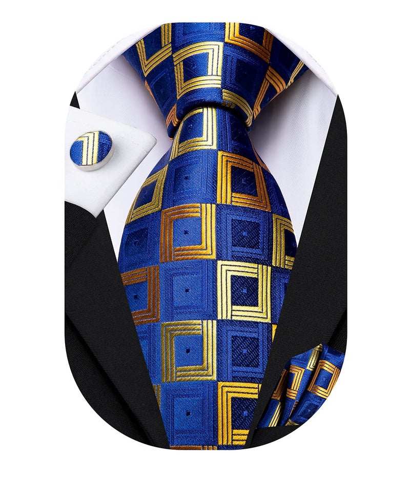 Hi-Tie Mens Plaid Ties Classic Paisley Necktie with Handkerchief Cufflinks Set Business Stripe Tie,Blue Gold - Image 1