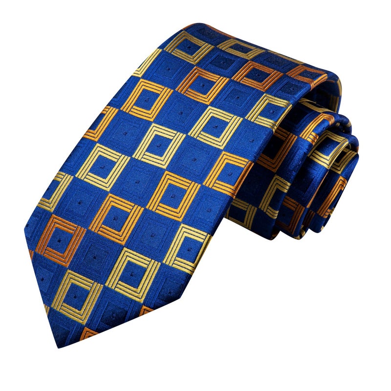 Hi-Tie Mens Plaid Ties Classic Paisley Necktie with Handkerchief Cufflinks Set Business Stripe Tie,Blue Gold - Image 4