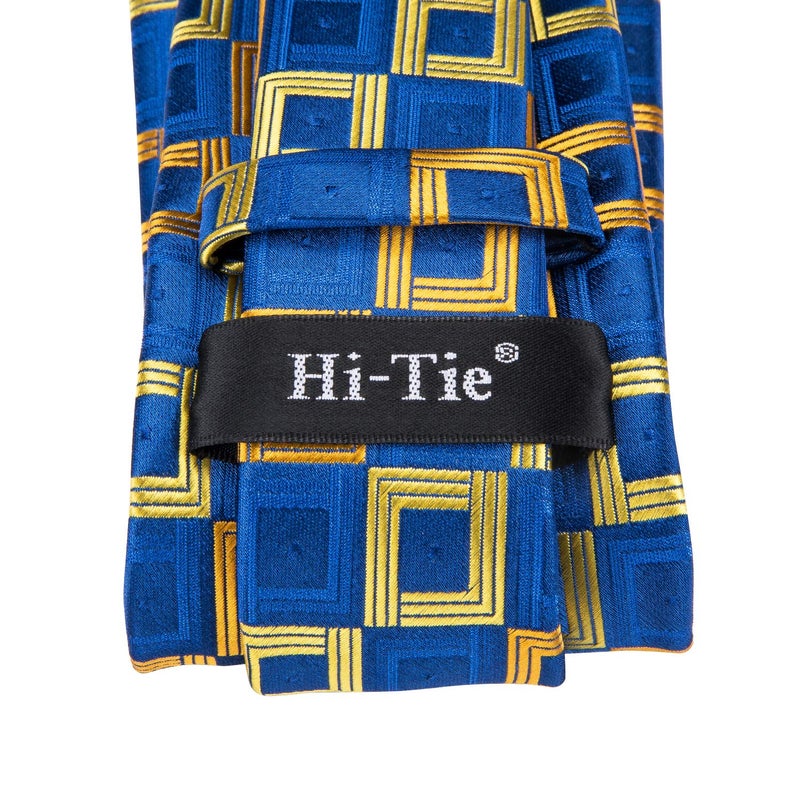 Hi-Tie Mens Plaid Ties Classic Paisley Necktie with Handkerchief Cufflinks Set Business Stripe Tie,Blue Gold - Image 5