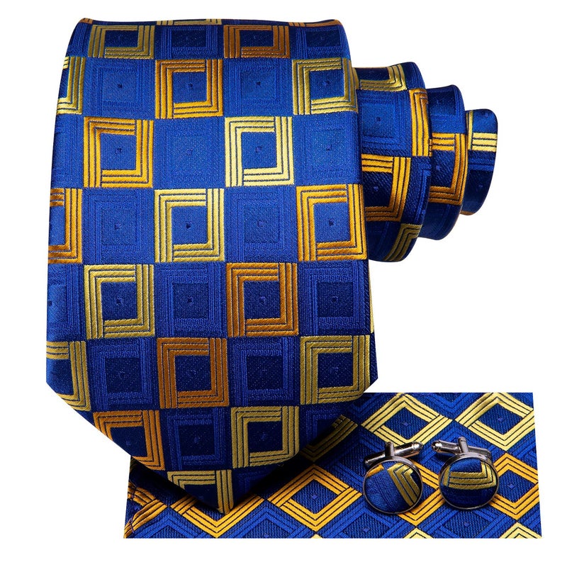 Hi-Tie Mens Plaid Ties Classic Paisley Necktie with Handkerchief Cufflinks Set Business Stripe Tie,Blue Gold - Image 3