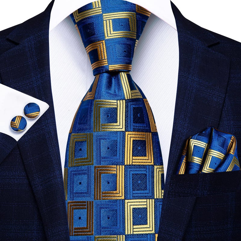 Hi-Tie Mens Plaid Ties Classic Paisley Necktie with Handkerchief Cufflinks Set Business Stripe Tie,Blue Gold - Image 2