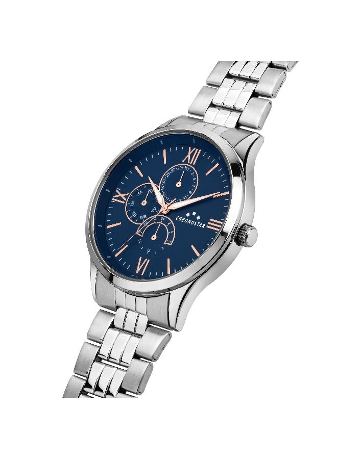 Chronostar Men's Blue Round Analog Dial with Silver Stainless Steel Band Watch - 43mm - R3753319003 - Image 2