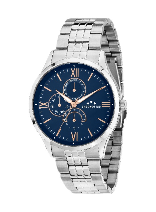 Chronostar Men's Blue Round Analog Dial with Silver Stainless Steel Band Watch - 43mm - R3753319003 - Image 1