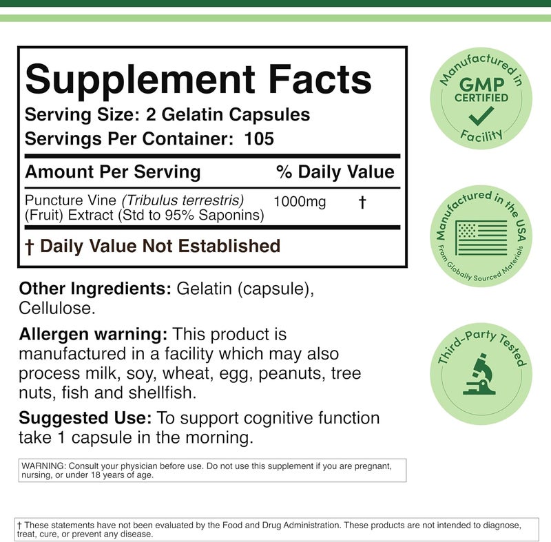 Double Wood Supplements تريبولوس تيرستريس للرجال (أعلى نقاء 95% محتوى صابونين) 210 كبسولة، 1,000 ملغ مستخلص فواكه مركز (مختبر من طرف ثالث، غير معدل وراثيًا) من دابل وود - Image 2