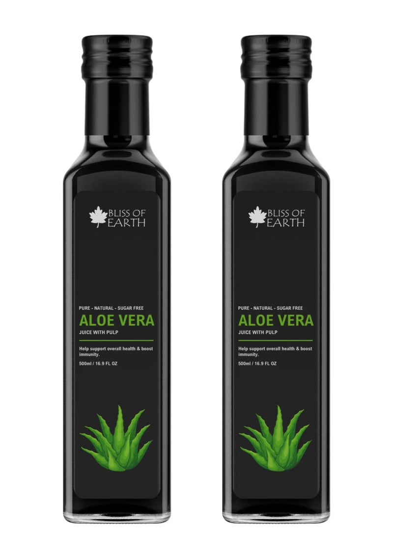 BLISS OF EARTH - Aloe Vera Juice For Drinking With Pulp Fresh Harvest Aloe Plants Great For Hair & Skin Improves Digestion Zero Water Zero Sugar 500ml PET Bottle Pack of 2 - Image 1