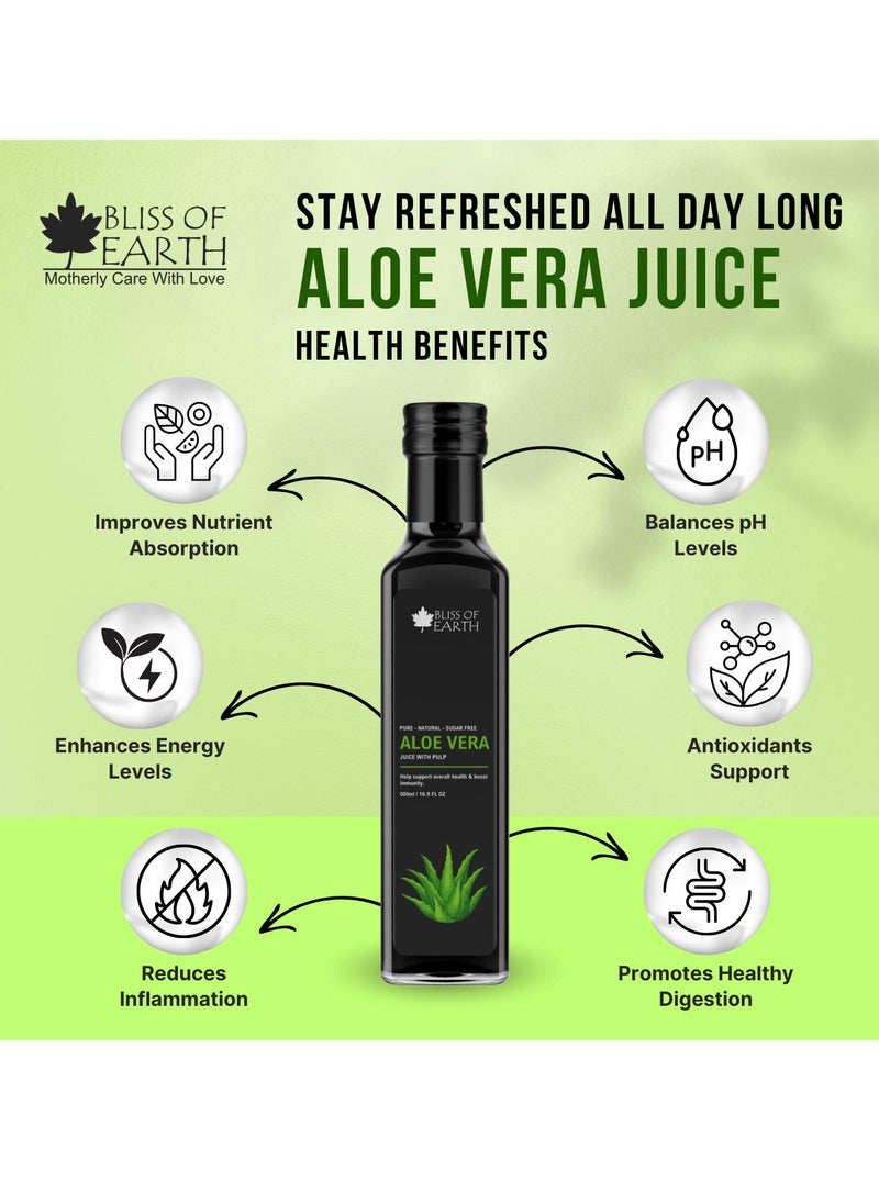 BLISS OF EARTH - Aloe Vera Juice For Drinking With Pulp Fresh Harvest Aloe Plants Great For Hair & Skin Improves Digestion Zero Water Zero Sugar 500ml PET Bottle Pack of 2 - Image 1