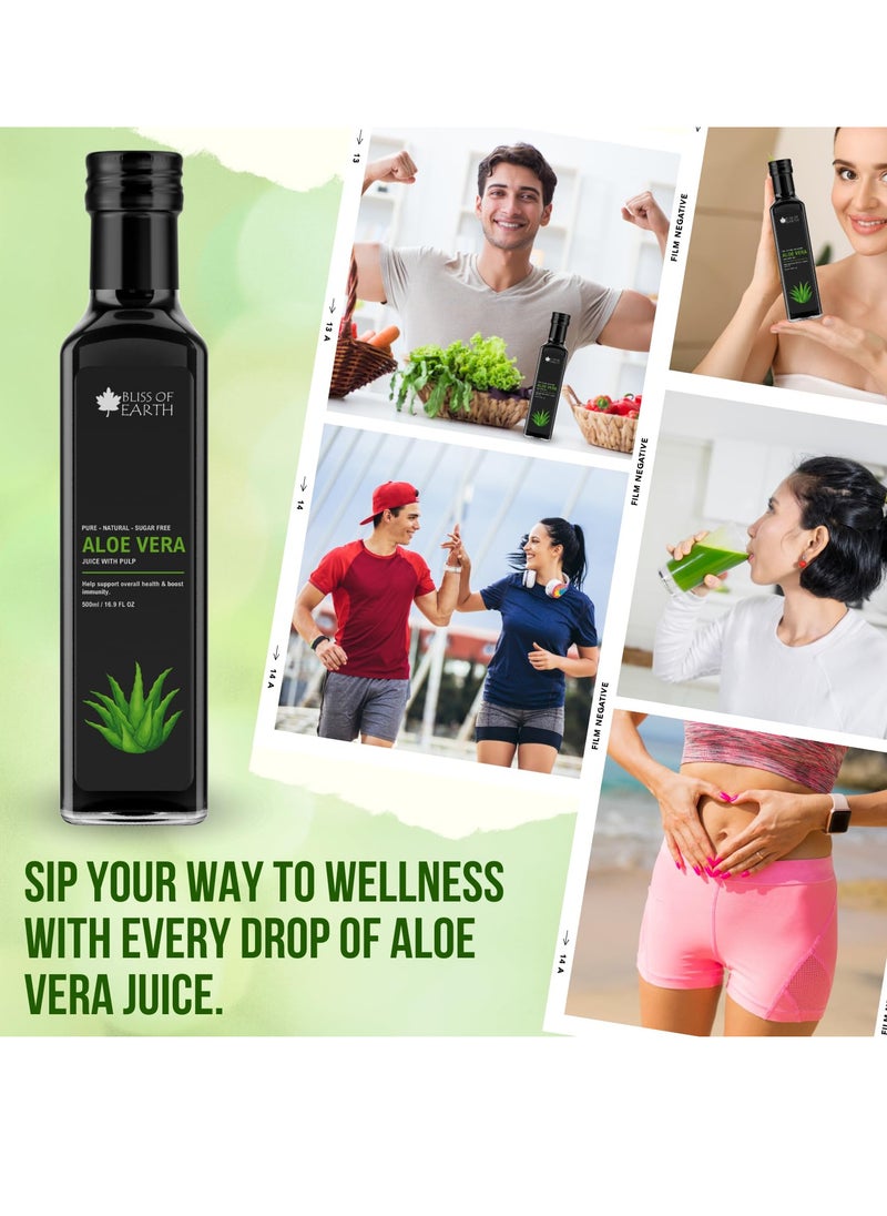 BLISS OF EARTH - Aloe Vera Juice For Drinking With Pulp Fresh Harvest Aloe Plants Great For Hair & Skin Improves Digestion Zero Water Zero Sugar 500ml PET Bottle Pack of 2 - Image 1