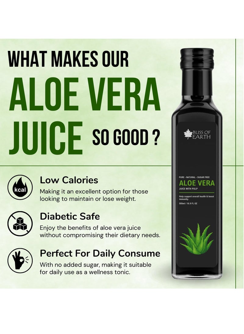 BLISS OF EARTH - Aloe Vera Juice For Drinking With Pulp Fresh Harvest Aloe Plants Great For Hair & Skin Improves Digestion Zero Water Zero Sugar 500ml PET Bottle Pack of 2 - Image 1