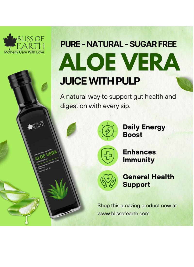 BLISS OF EARTH - Aloe Vera Juice For Drinking With Pulp Fresh Harvest Aloe Plants Great For Hair & Skin Improves Digestion Zero Water Zero Sugar 500ml PET Bottle Pack of 2 - Image 1