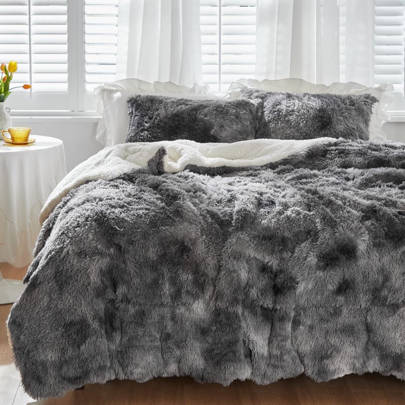 Luxury Faux Fur Shaggy Comforter Set King Size Plush Sherpa Reversible Comforter Tie Dye Black 3 Pieces Fluffy Fuzzy Bedding Set Ultra Soft and Warm for Winter 1 Comforter 2 Pillowcases