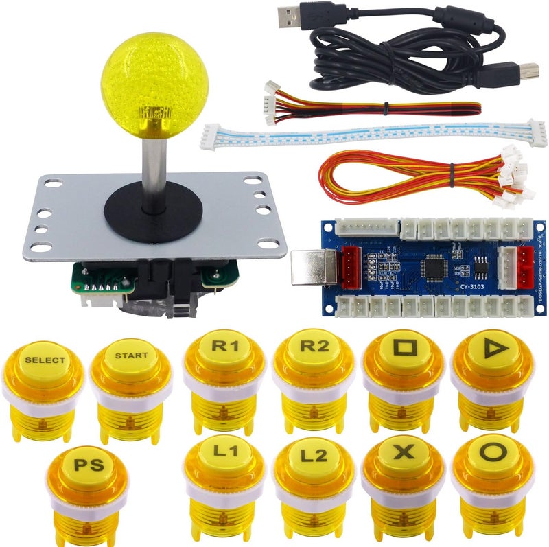 طقم DIY لعصا ألعاب الأركيد من بأزرار تحمل شعارًا، عصا تحكم 8 اتجاهات، مشفر USB، كابل، وحدة تحكم لأجهزة الكمبيوتر، PS3، PS2، MAME، Raspberry Pi باللون الأصفر - Image 1