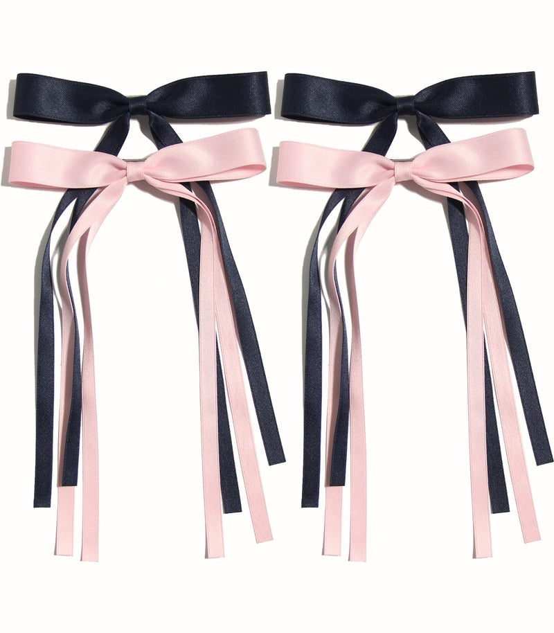 4pcs Tassel Ribbon Bowknot Hair Accessories with Long Tails Solid Barrettes Claw Clips with Bows for Girls and Women Navy Pink