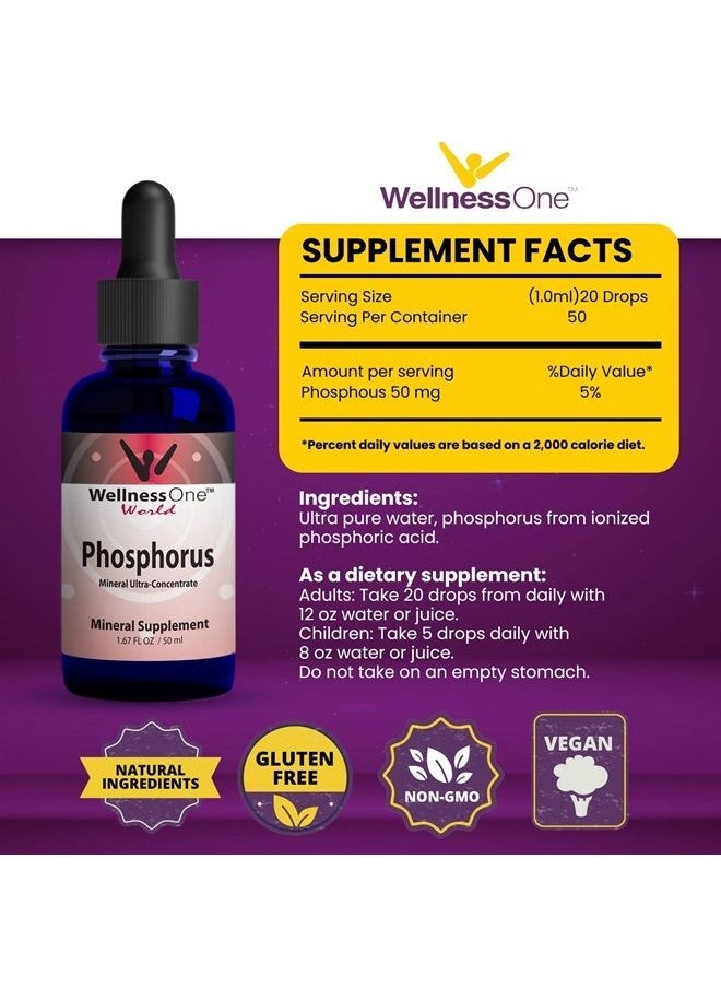 WellnessOne - Phosphorus Liquid Supplement 50 mg - Ionic Phosphorus Supplement for Healthy Bones & Teeth - Protein Production & Energy Support for Kids & Adults - Non GMO, Vegan, Gluten Free - 1.67fl oz - Image 1