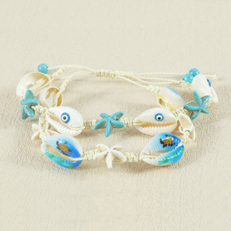 مجموعة أساور وقلائد بوهيمية مصنوعة يدويًا من الأصداف البحرية ونجم البحر الطبيعية - Image 3