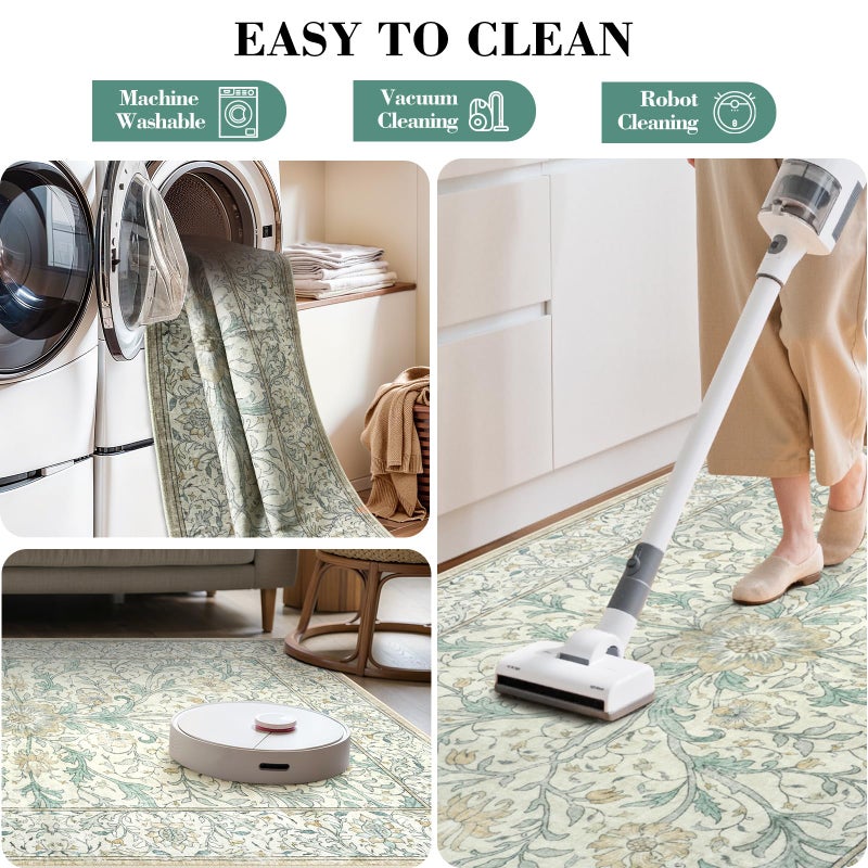 Collive 5x7 Area Rugs, Machine Washable Floral Living Room Bedroom Rug, Vintage Distressed Neutral Non Slip Low Pile Throw Carpet, Soft Retro Rugs for Dining Room Nursery Office, Ivory/Light Turquoise - Image 3