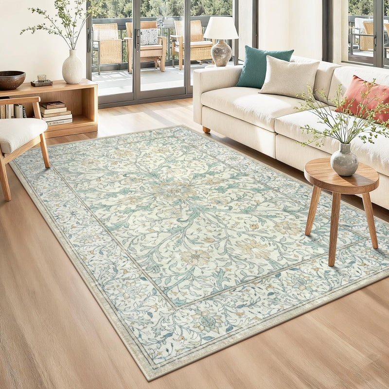 Collive 5x7 Area Rugs, Machine Washable Floral Living Room Bedroom Rug, Vintage Distressed Neutral Non Slip Low Pile Throw Carpet, Soft Retro Rugs for Dining Room Nursery Office, Ivory/Light Turquoise - Image 1