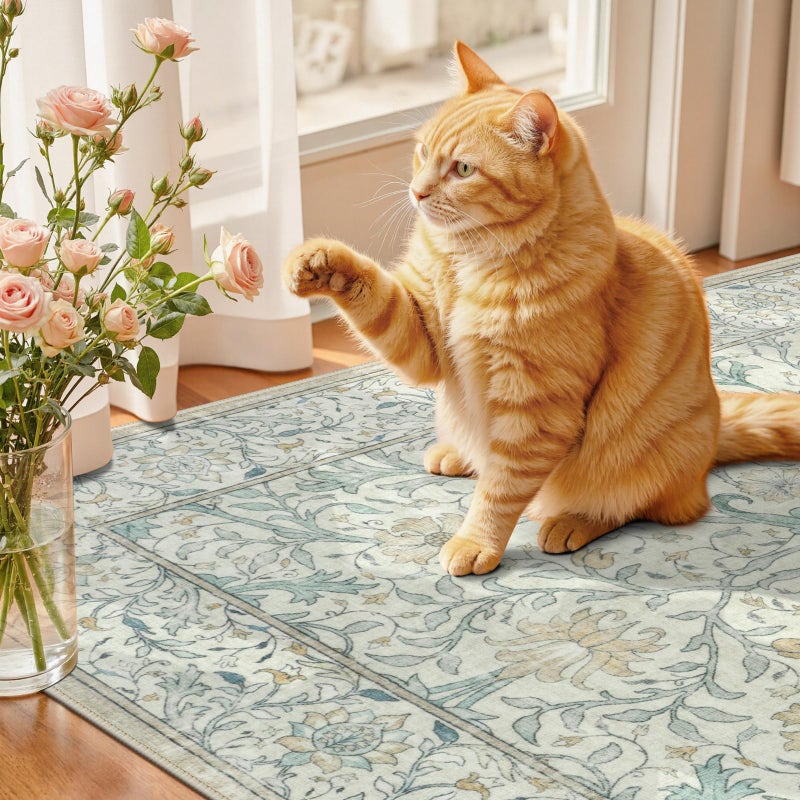 Collive 5x7 Area Rugs, Machine Washable Floral Living Room Bedroom Rug, Vintage Distressed Neutral Non Slip Low Pile Throw Carpet, Soft Retro Rugs for Dining Room Nursery Office, Ivory/Light Turquoise - Image 5