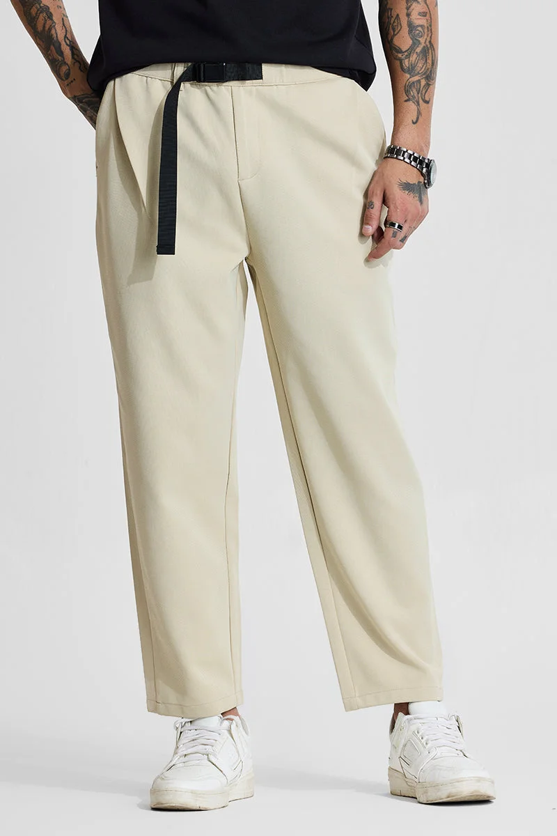 سنيتش Cream Textured Relaxed Streetwear Trousers