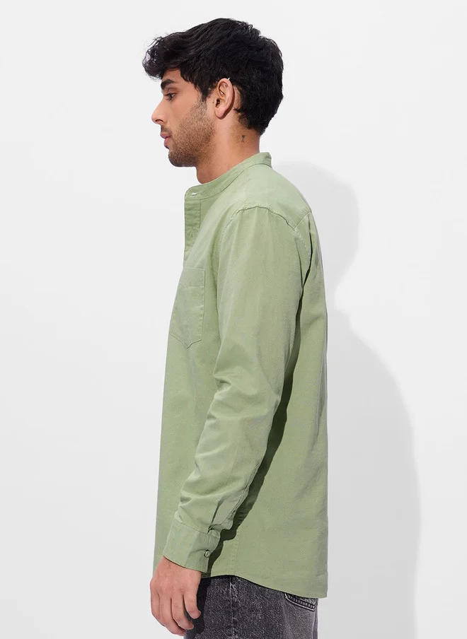 The Souled Store  The Souled Store Men Regular Fit Solid Green Cotton Linen Shirt  | Best Price UAE