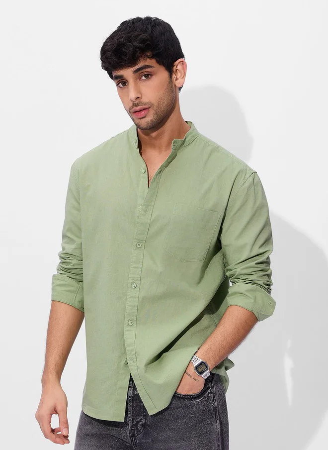 ذا سوليد ستور The Souled Store Men Regular Fit Solid Green Cotton Linen Shirt