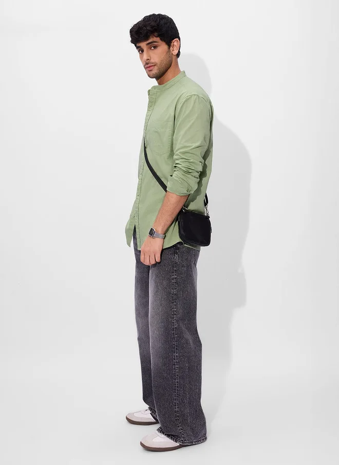 The Souled Store  The Souled Store Men Regular Fit Solid Green Cotton Linen Shirt  | Best Price UAE