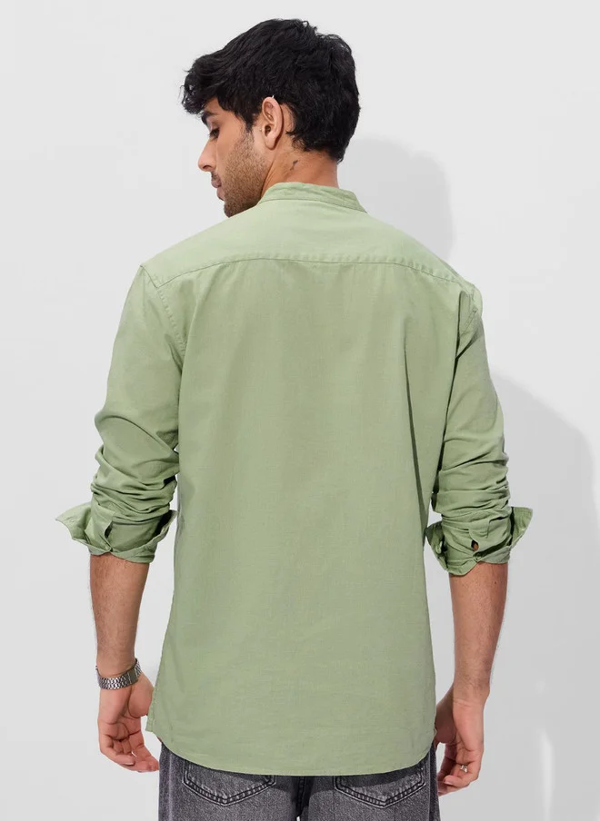 The Souled Store  The Souled Store Men Regular Fit Solid Green Cotton Linen Shirt  | Best Price UAE