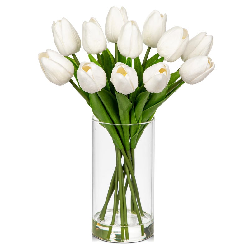 DILATATA 12 Pcs Artificial Real Touch Tulips Flowers in Glass Vase with Faux Water Tulips Fake Arrangements White Tulips with Vase for Dining Table Home Decor Wedding Centerpieces - Image 2