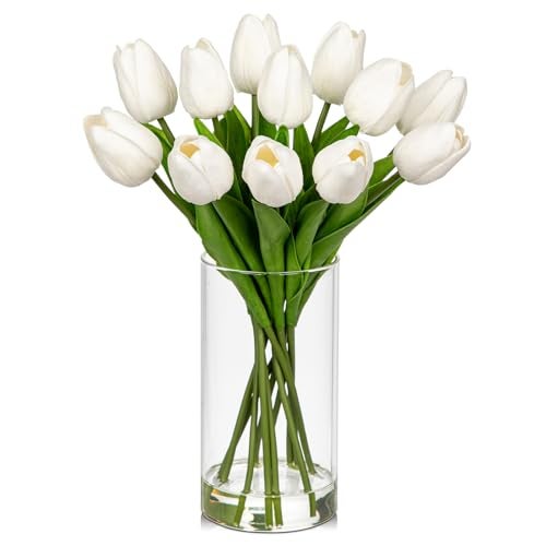 DILATATA 12 Pcs Artificial Real Touch Tulips Flowers in Glass Vase with Faux Water Tulips Fake Arrangements White Tulips with Vase for Dining Table Home Decor Wedding Centerpieces - Image 1