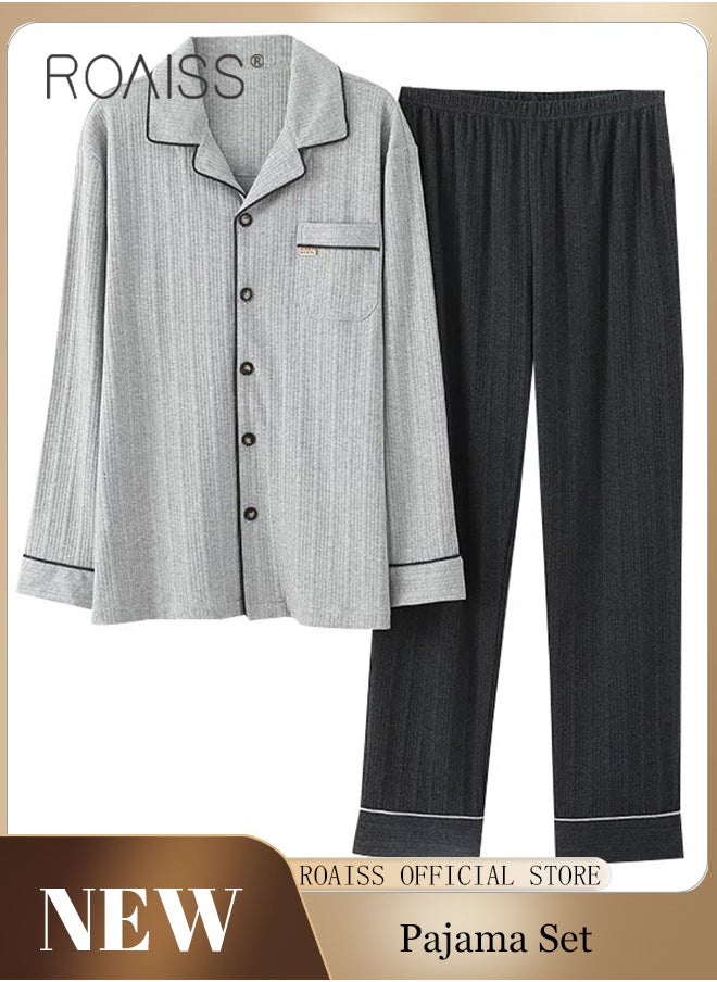 roaiss 2-Piece Set Of Unisex Pajamas Pure Cotton Long Sleeved Pants For Couples' Home Wear Fashion Casual Family Set  - Image 1