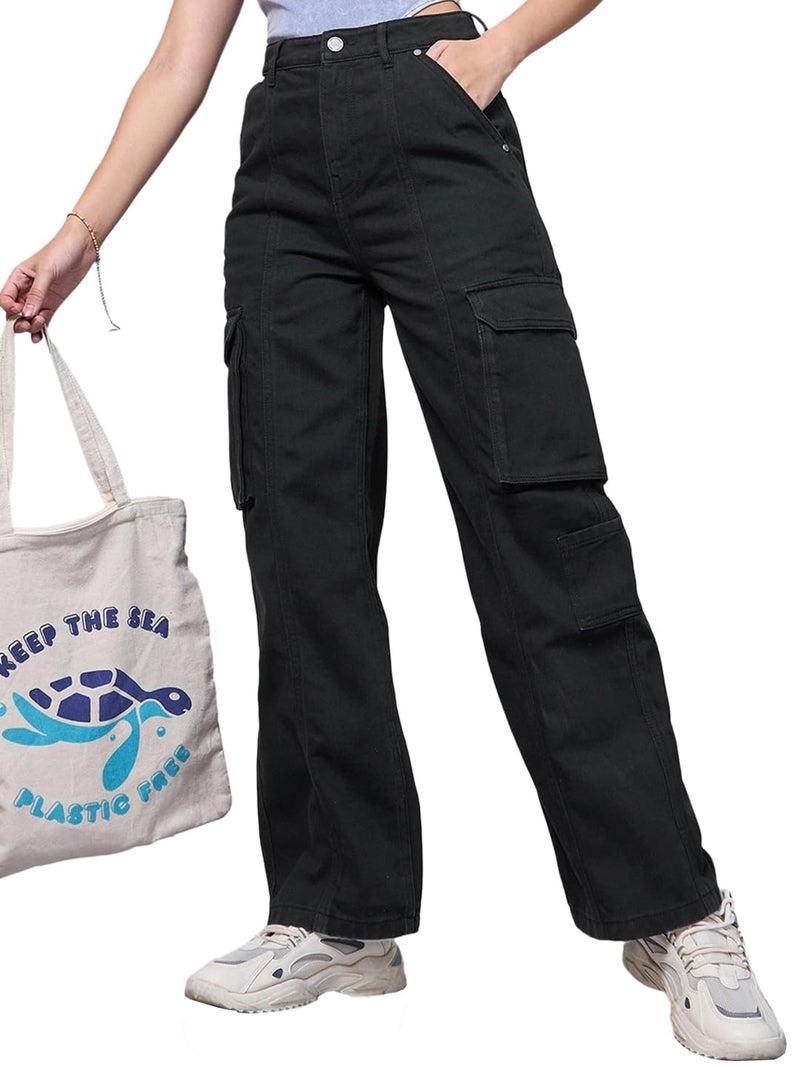 Bewakoof Women's Solid Straight Fit Cotton Cargo Jeans_625177_Black_30 - Image 5