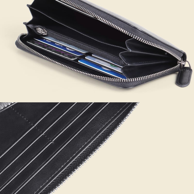 VISOUL Leather Long Zipper Pouch Wallet for Men and Women with RFID Blocking, Large Clutch Cash Long Wallet with Zipper (Black) - Image 5