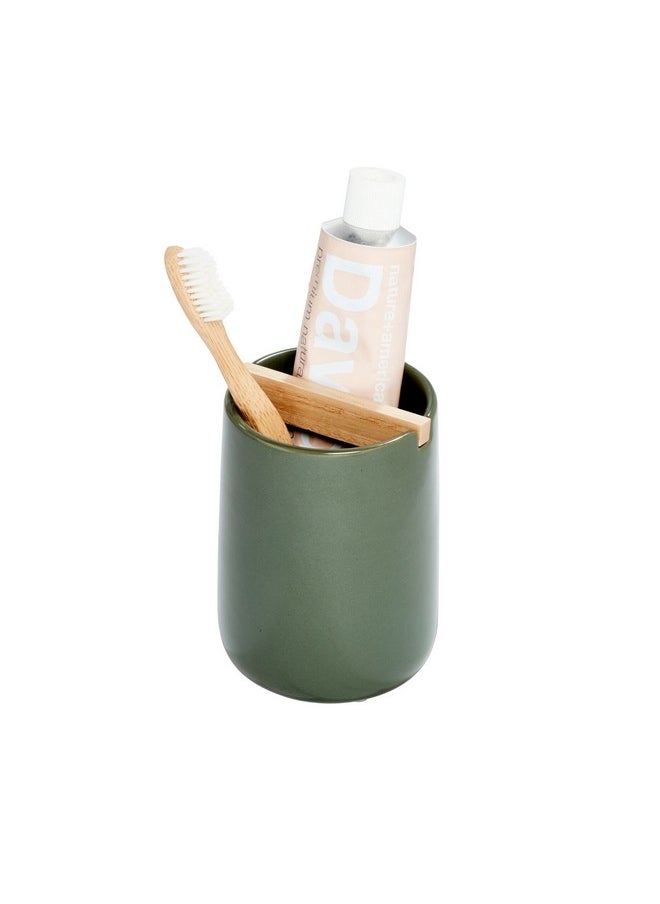 InterDesign iDesign Ceramic Earth Collection Toothbrush Holder with Paulownia Wood Divider, Moss/Natural Wood  - Image 1