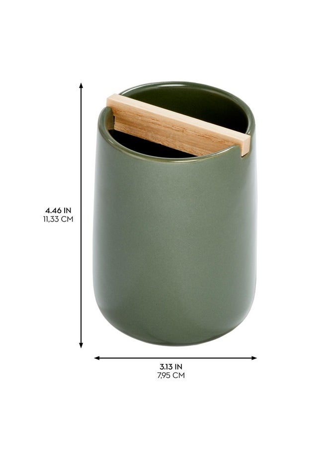 InterDesign iDesign Ceramic Earth Collection Toothbrush Holder with Paulownia Wood Divider, Moss/Natural Wood  - Image 2