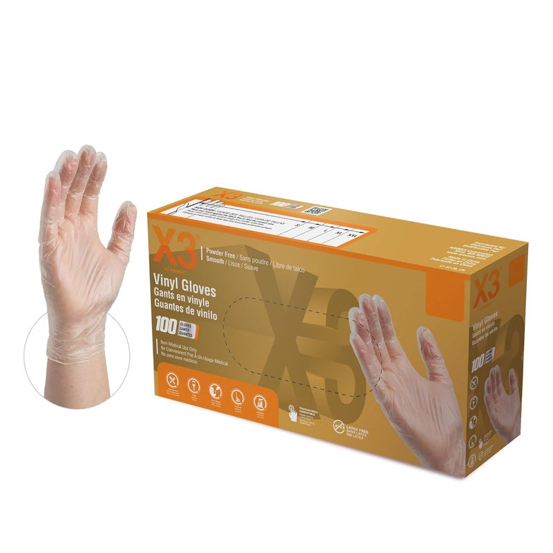 X3 Clear Vinyl Industrial Gloves - Box of 100, 3 Mil, Size Small, Latex Free, Powder Free, Disposable, Food Safe - Image 1