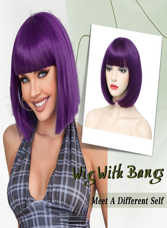 Angzon Purple Bob Wigs with Bangs Short Straight Wigs For Women Shoulder Length Synthetic Bob Wigs For Halloween Daily Party Cosplay - Image 3