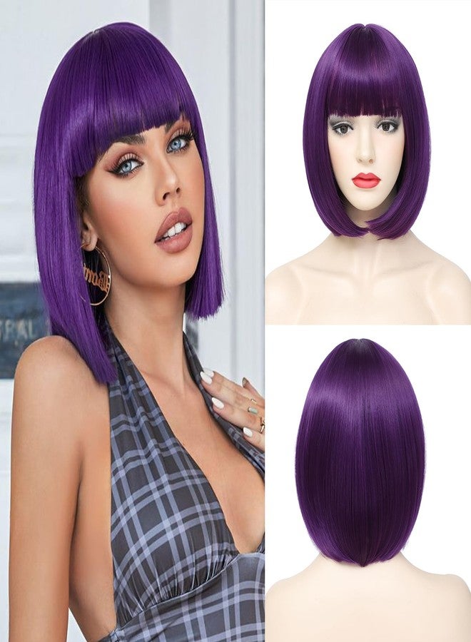 Angzon Purple Bob Wigs with Bangs Short Straight Wigs For Women Shoulder Length Synthetic Bob Wigs For Halloween Daily Party Cosplay - Image 1