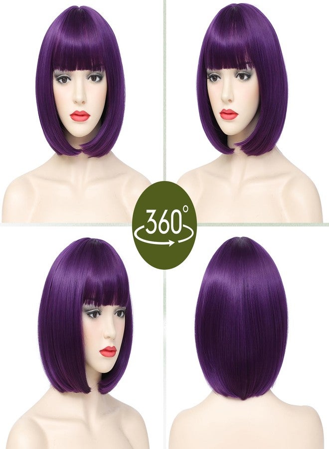 Angzon Purple Bob Wigs with Bangs Short Straight Wigs For Women Shoulder Length Synthetic Bob Wigs For Halloween Daily Party Cosplay - Image 5
