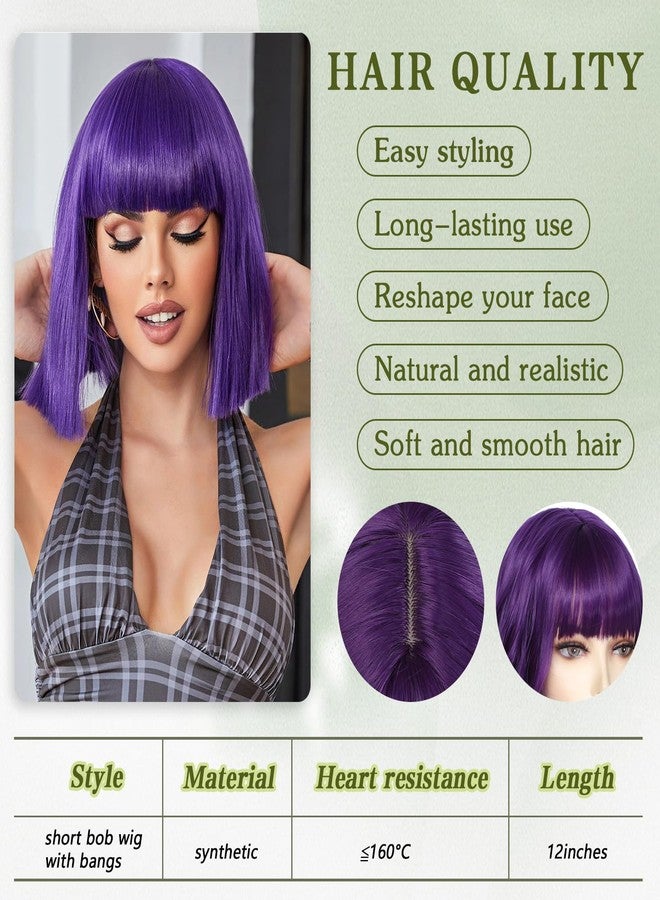 Angzon Purple Bob Wigs with Bangs Short Straight Wigs For Women Shoulder Length Synthetic Bob Wigs For Halloween Daily Party Cosplay - Image 2