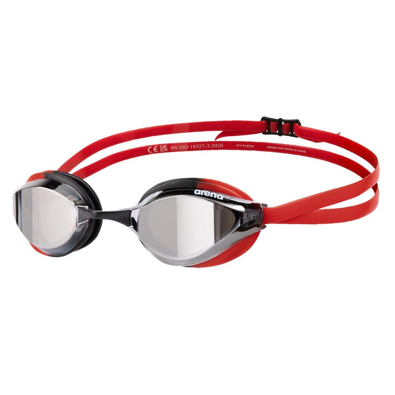 ARENA Unisex Adult Python Racing Swim Goggles for Men and Women Anti-Fog Mirror Lens Max Comfort Dual Strap, Silver/Black/Red - Image 1