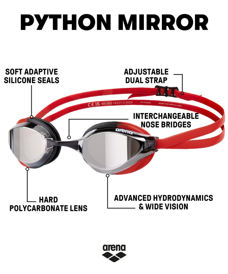 ARENA Unisex Adult Python Racing Swim Goggles for Men and Women Anti-Fog Mirror Lens Max Comfort Dual Strap, Silver/Black/Red - Image 3