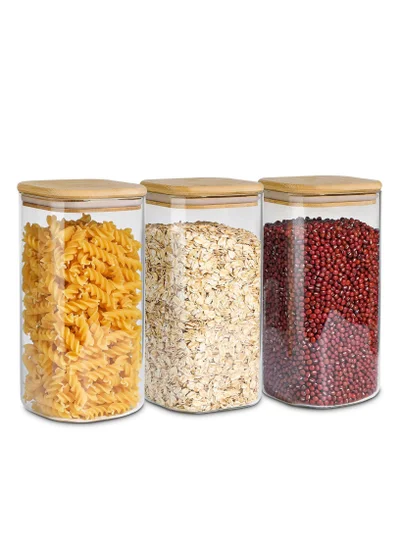 1Chase Square Glass Storage Jar with Air tight Bamboo Lid 1500 ML (50 Oz) Set of 3