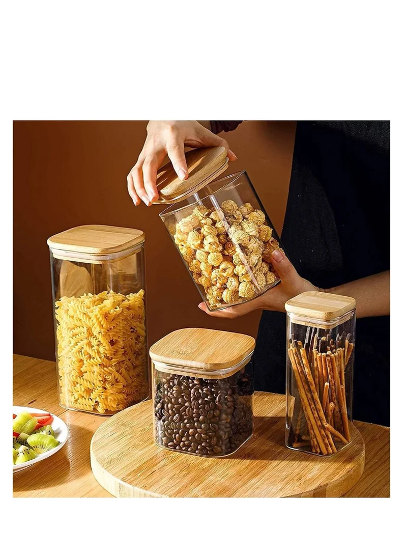 1Chase Square Glass Storage Jar with Air tight Bamboo Lid 1500 ML (50 Oz) Set of 3