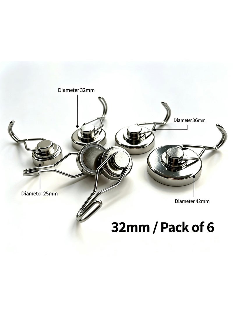 360° Rotatable Metal Magnetic Hooks, 32mm, Pack of 6, Max Load 34KG, Drill-Free Heavy Duty Magnet Hooks for Garage, Warehouse, Kitchen & Tool Storage - Image 2